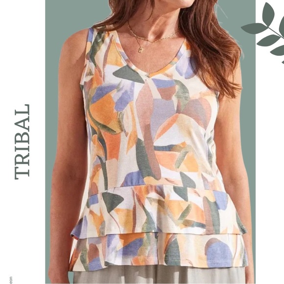 Tribal Knit Sleeveless V Neck Blouse Doinle Peplum Print White Blue Orange - Picture 1 of 6